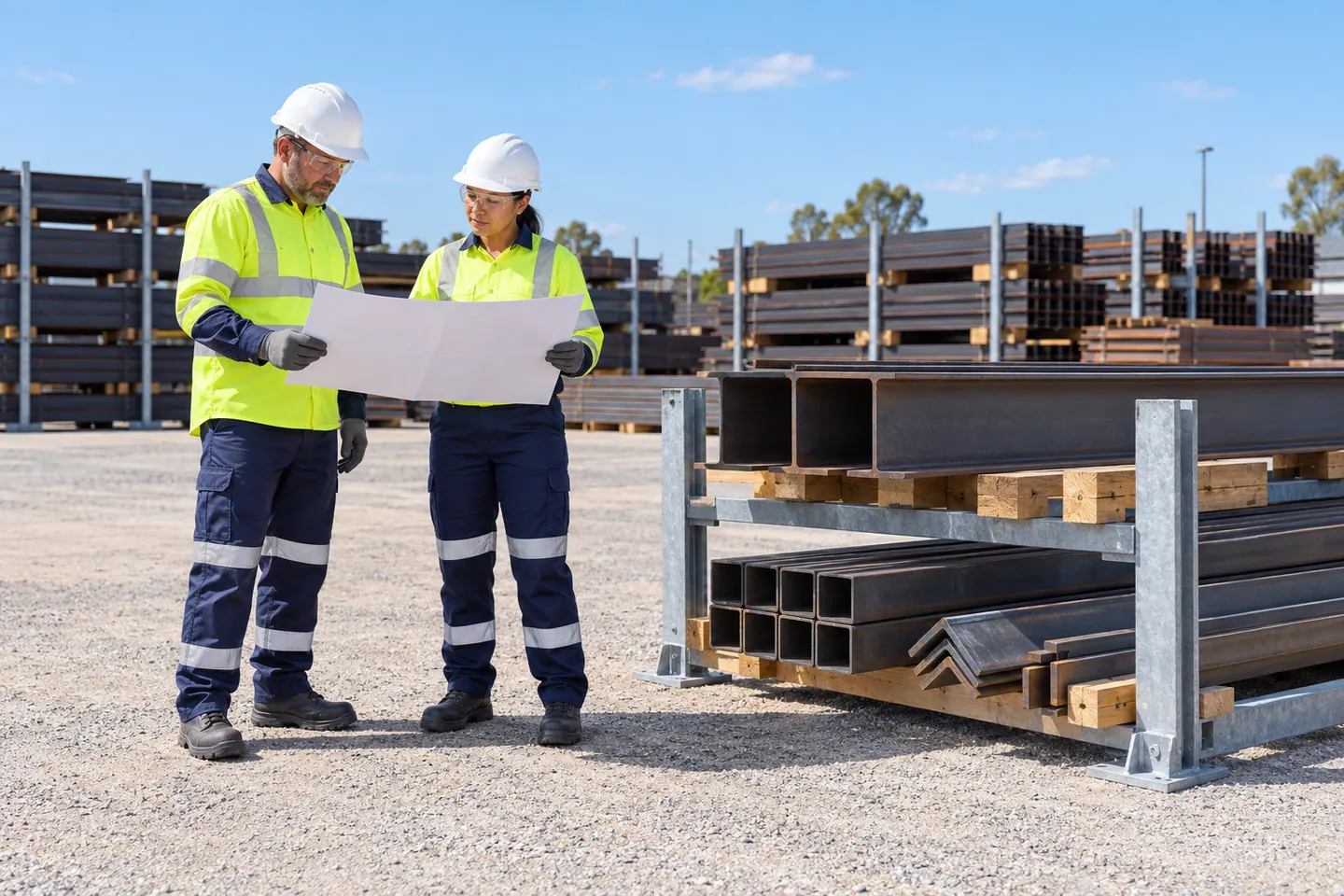 Two steel workers plan work beside secured steel sections in a separated yard.