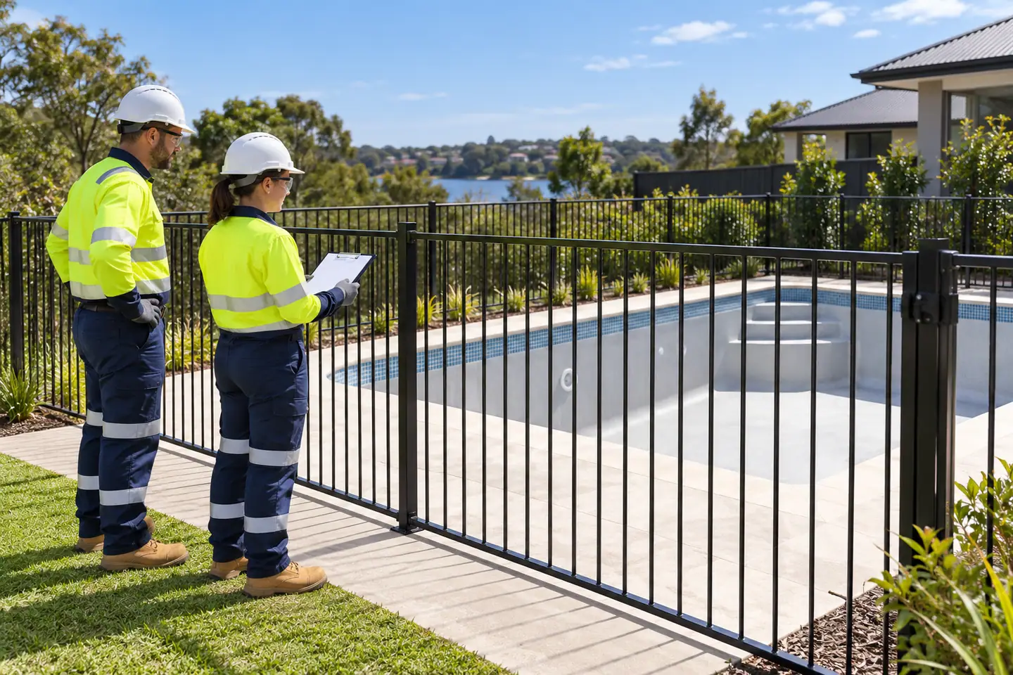 Two pool workers inspect a completed empty pool from outside its closed fence.