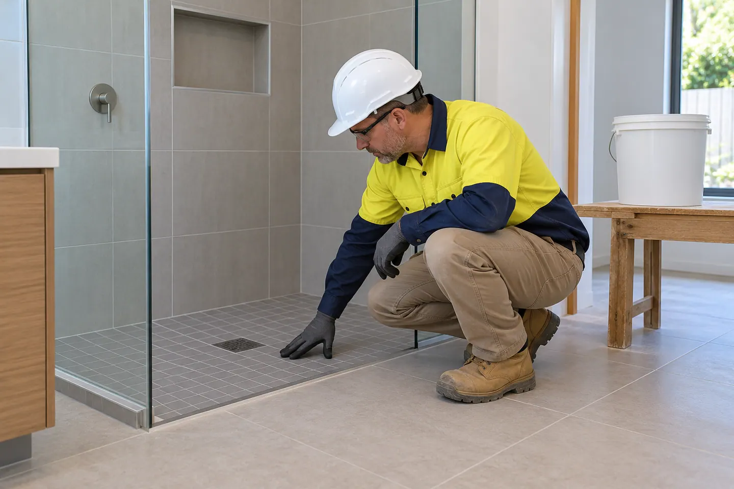A tiler inspects a finished shower floor with supplies closed and the work area clear.