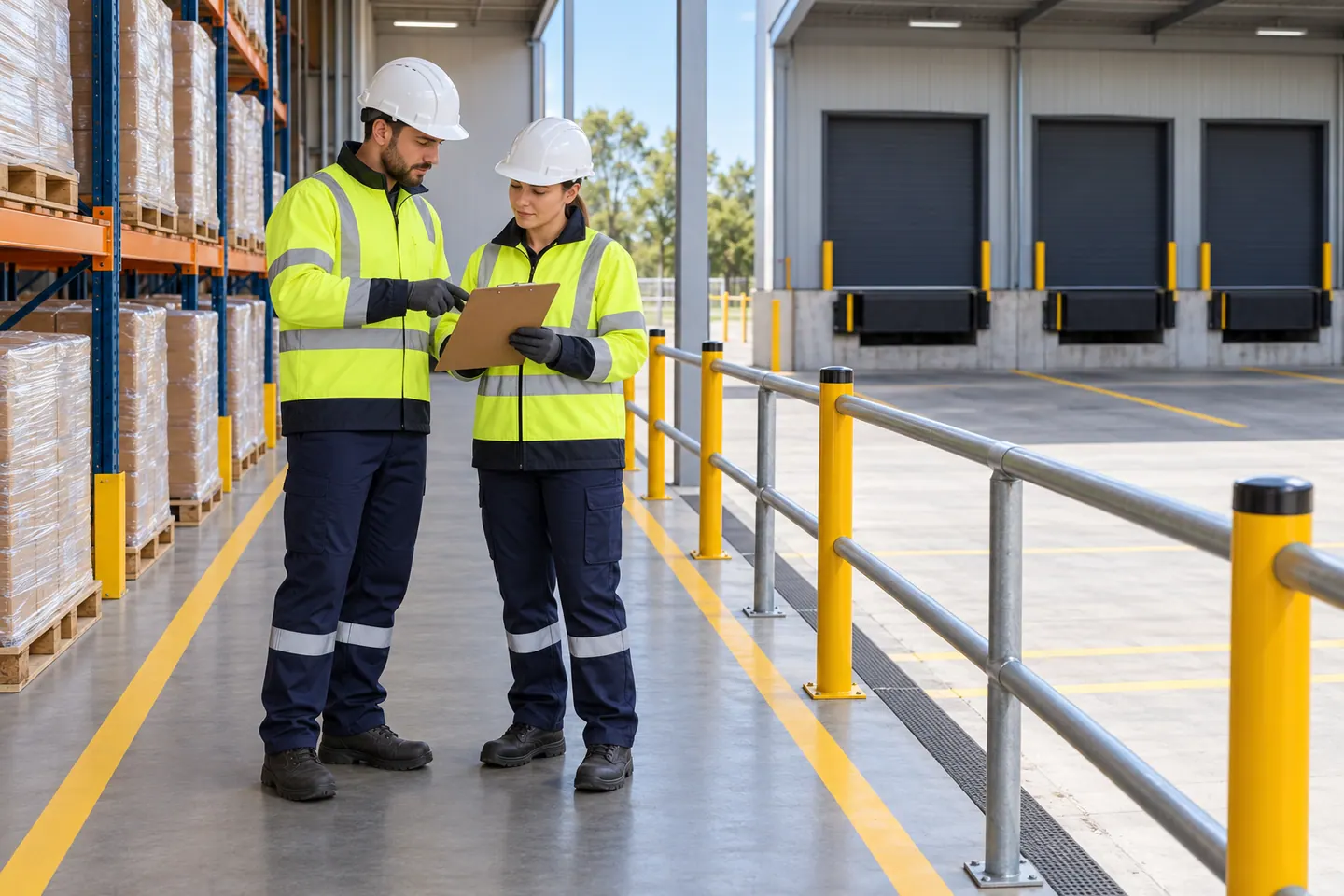 Two warehouse workers review a dispatch plan from a separated pedestrian walkway.