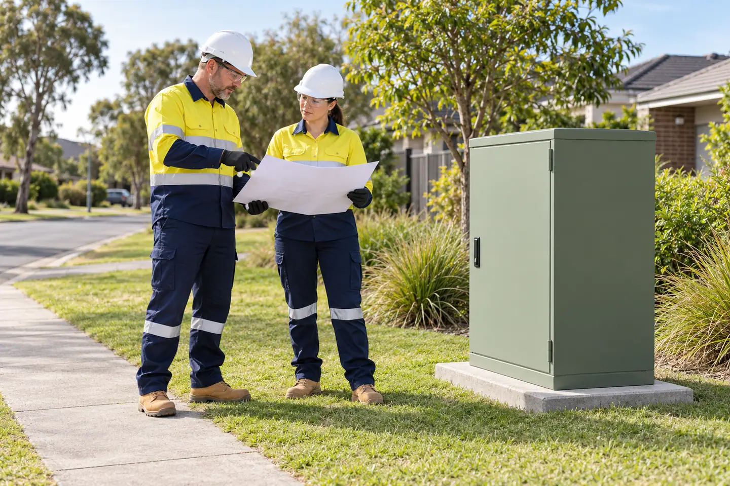 Two utilities workers plan work beside a closed service cabinet on a clear path.