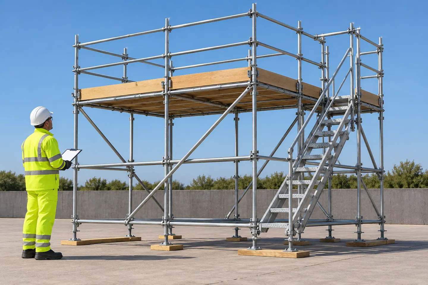 A supervisor inspects a guarded scaffold from a clear ground-level walkway.