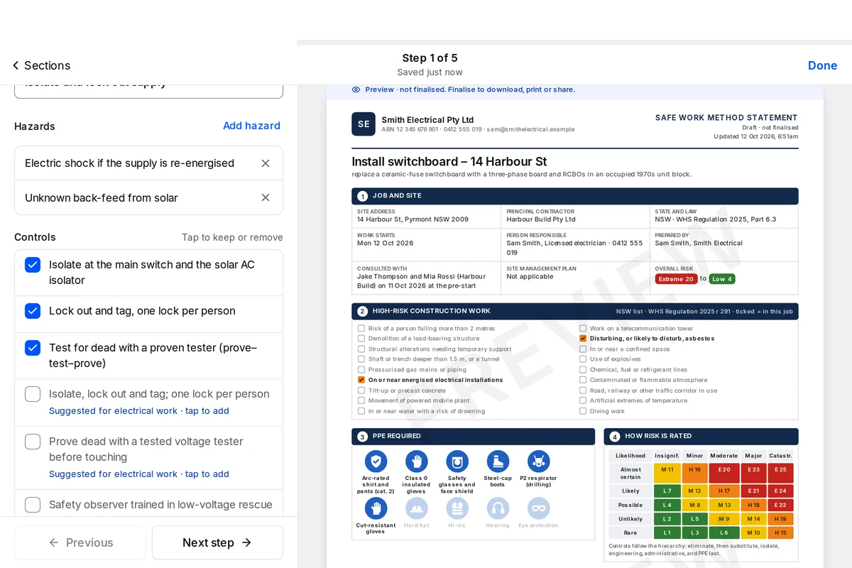 Actual job-step editing interface beside the synthetic A4 SWMS preview. Hazards and controls can be edited before finalising.
