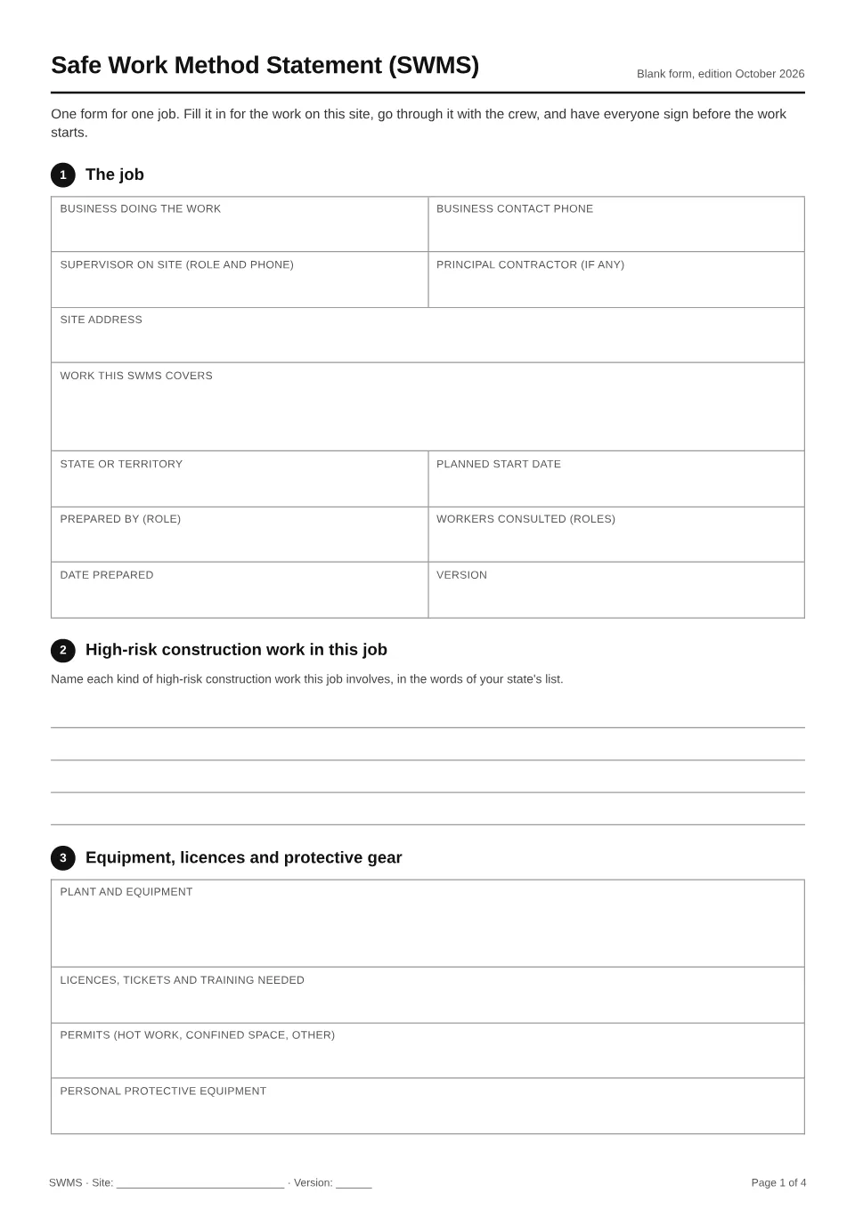 Page 1 of the blank SWMS form: the job details, the high-risk construction work in this job, and equipment, licences and protective gear